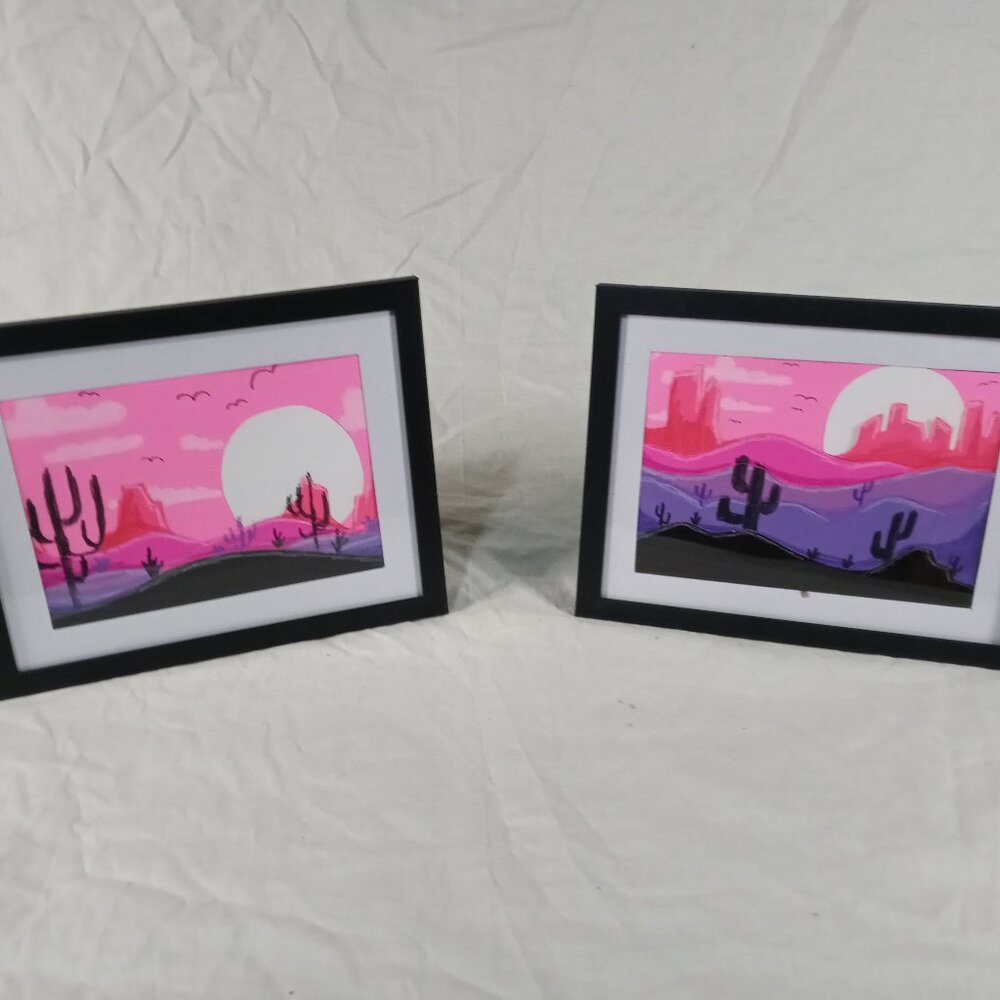 NEW 3D Original Handmade Pink Desert Boho Style Framed Landscapes Artwork Bundle